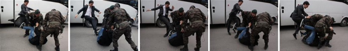 Photos, in a sequence, showing Erdoğan’s aide, Yusuf Yerkel, kicking a protester in Soma. 14 May 2014 (source: AP)